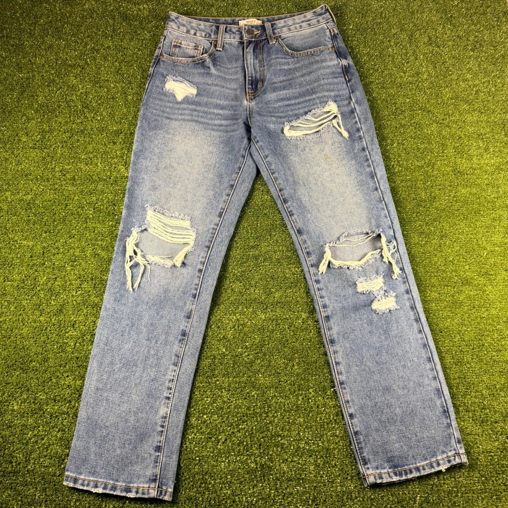 Forever 21 Los Angeles Distressed High Rise Straight Leg Jeans Blue Size 25 0675